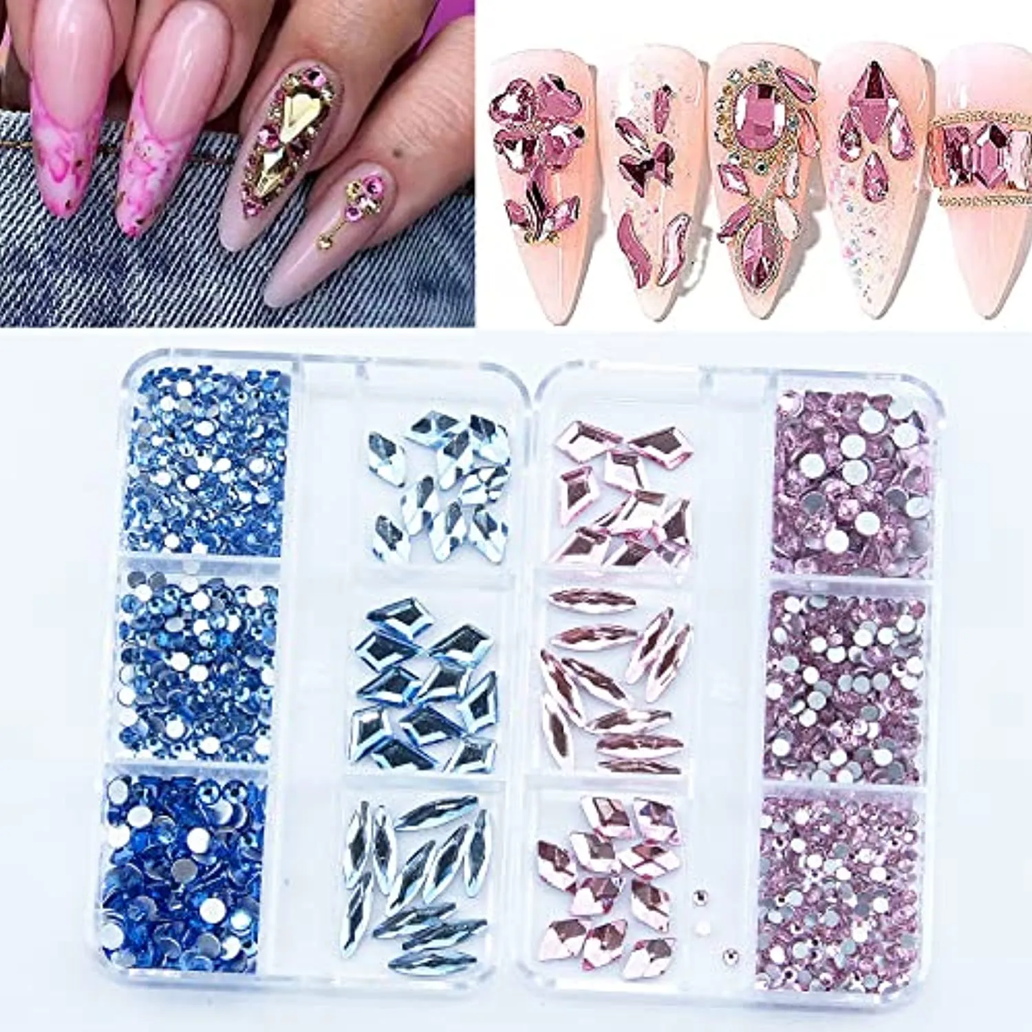 1560Pcs Pink and Light Blue Nail Crystals Rhinestones Flatback Glass Gems Multi Sizes Shapes Colorful Light Blue Pink Nail Rhinestones Crystals with Pen for Nail DIY Crafting Clothes Shoes Jewelry