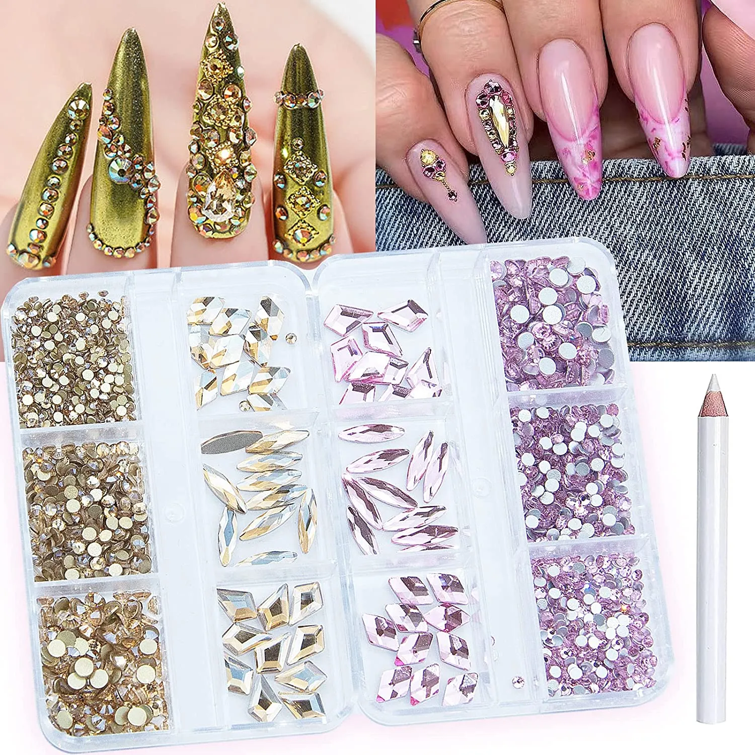 1560Pcs Pink and Light Blue Nail Crystals Rhinestones Flatback Glass Gems Multi Sizes Shapes Colorful Light Blue Pink Nail Rhinestones Crystals with Pen for Nail DIY Crafting Clothes Shoes Jewelry