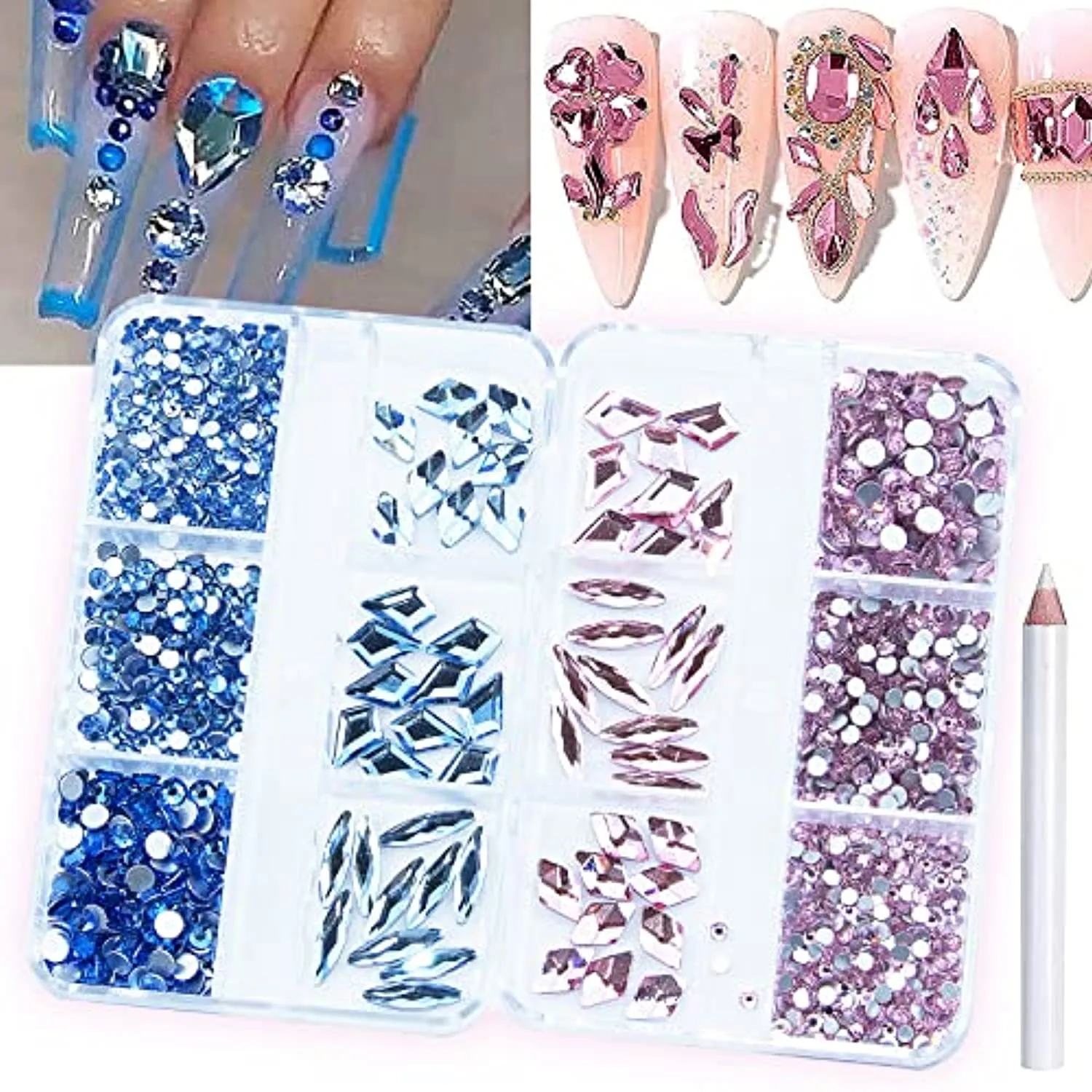 1560Pcs Pink and Light Blue Nail Crystals Rhinestones Flatback Glass Gems Multi Sizes Shapes Colorful Light Blue Pink Nail Rhinestones Crystals with Pen for Nail DIY Crafting Clothes Shoes Jewelry