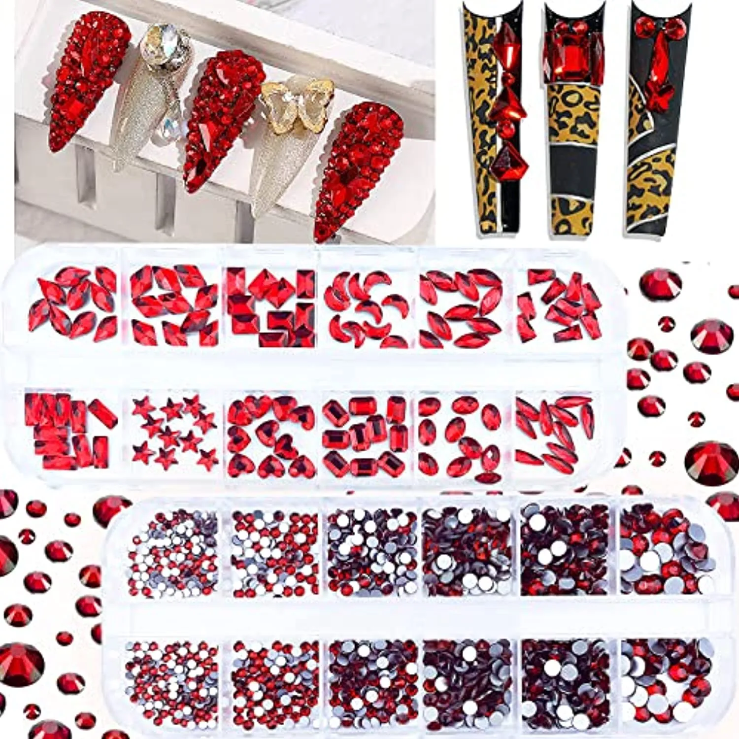 2120Pcs Red Crystal Nail Rhinestones Round Beads Flatback Glass Gems Stones Multi Shapes Sizes Rhinestones Nail Charms for Nail DIY Crafts Clothes Shoes Jewelry