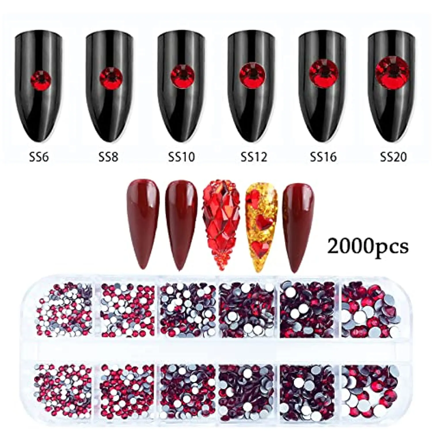 2120Pcs Red Crystal Nail Rhinestones Round Beads Flatback Glass Gems Stones Multi Shapes Sizes Rhinestones Nail Charms for Nail DIY Crafts Clothes Shoes Jewelry