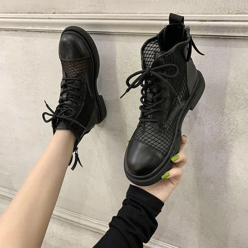 All-match British Style Breathable Single Boots Mesh Cutout Boots Women's Summer Thin Martin Boots