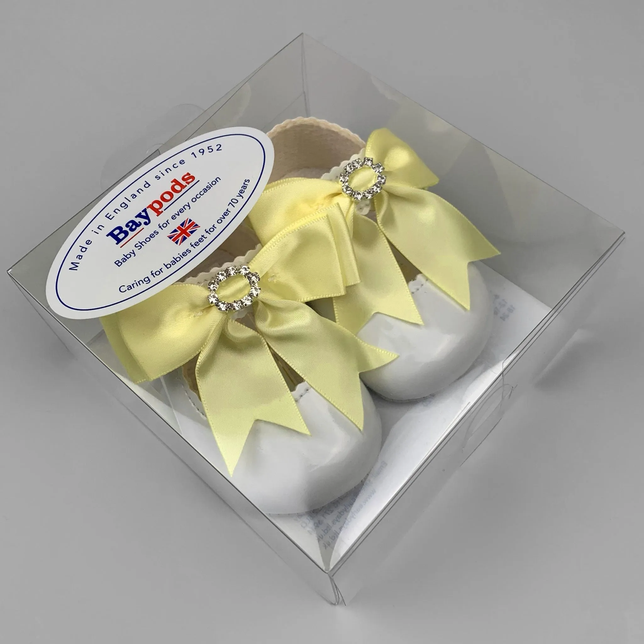 Baby Shoes - White with Lemon Yellow Bow and diamante