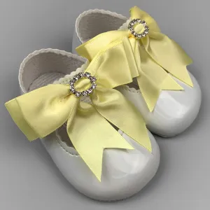 Baby Shoes - White with Lemon Yellow Bow and diamante