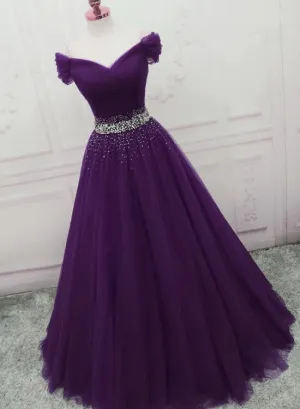 Charming Dark Purple Tulle Long Off the Shoulder Party Dress, Long Prom Dress