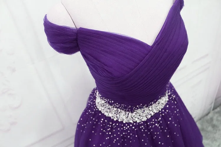 Charming Dark Purple Tulle Long Off the Shoulder Party Dress, Long Prom Dress