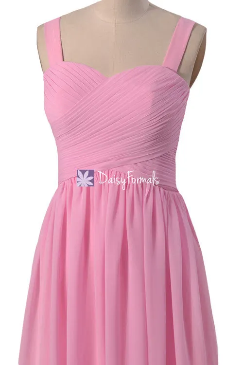 Cotton Candy Pink Bridesmaids Dress Full Length Pink Party Dress w/Straps (BM2386)