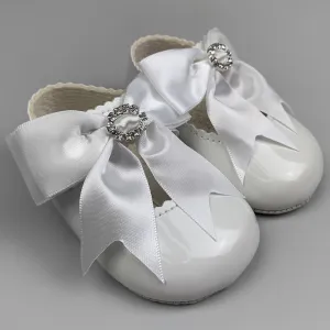 Crib Shoes - White with Satin Bow and Diamante