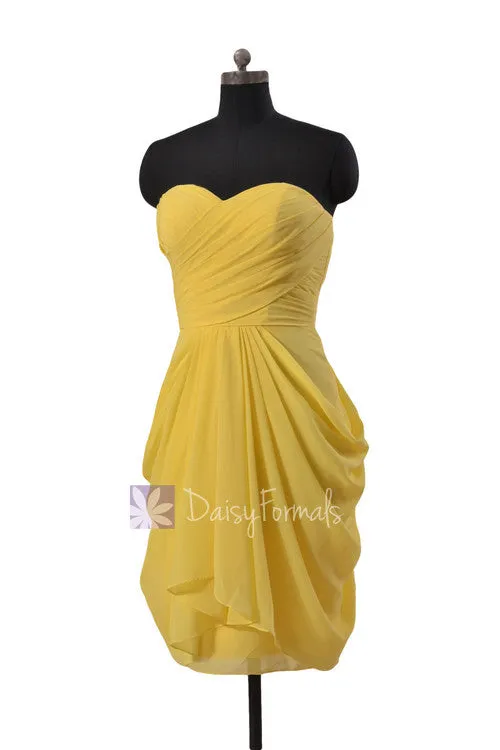 Daffodil Yellow Knee Length Strapless Chiffon Bridesmaid Dress Formal Dress(BM643S)