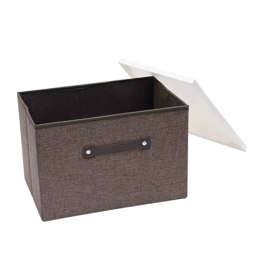 DMJWN Foldable Cloth Storage Tool Box bin Storage Basket Lid Collapsible Linen and Handles Organizer Bins Single Handle for Home Closet Office Car Boot Brown
