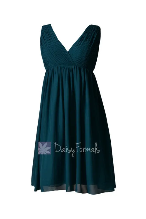 Empire Peacock Teal Chiffon Bridal Party Dress Short V-Neck Dark Teal Bridesmaid Dress(BM5193S)