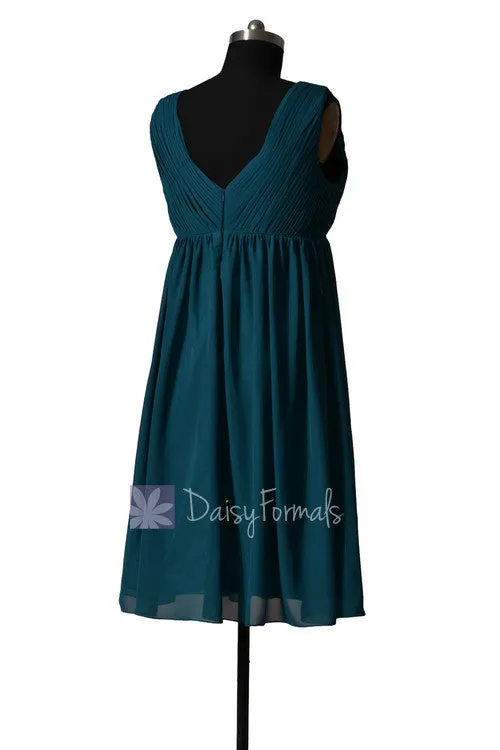 Empire Peacock Teal Chiffon Bridal Party Dress Short V-Neck Dark Teal Bridesmaid Dress(BM5193S)