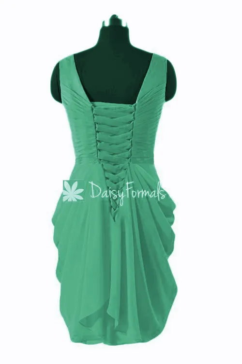 Floral Pleats Chiffon Party Dress Light Coral V Neckline Dress Bridesmaids Dress (BM5196A)