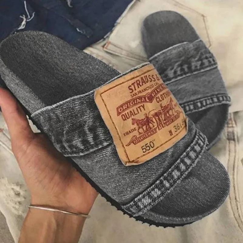 Large Size Denim Flat Slippers Women's Beach Shoes