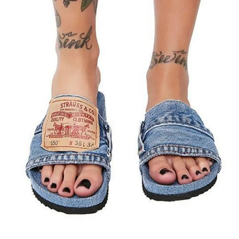 Large Size Denim Flat Slippers Women's Beach Shoes