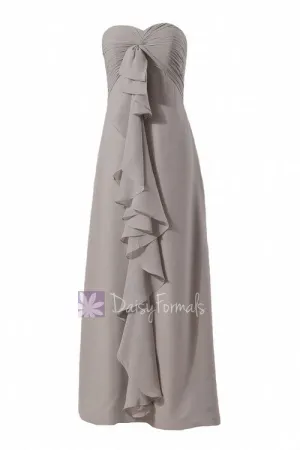 Light Warm Gray Long Chiffon Sweetheart Bridesmaid Dress W/Cascade Ruffles(BM292)