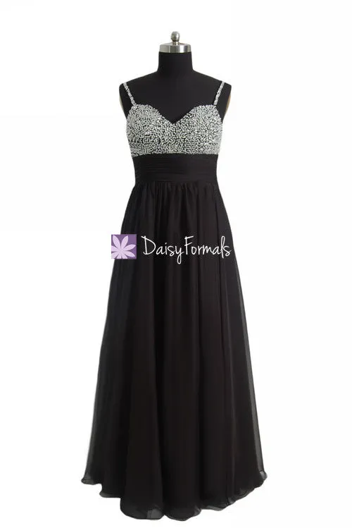 Long Beaded Party Dress Feminine Prom Dress Black Formal Dress w/ Sweetheart Bodice (PR29034L)