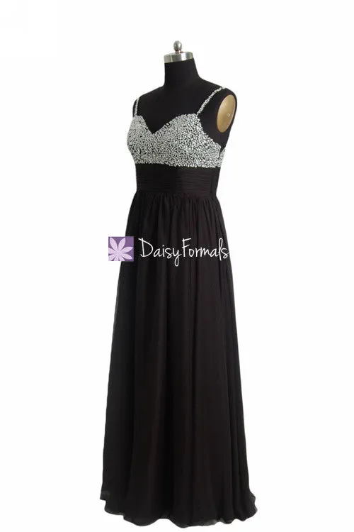 Long Beaded Party Dress Feminine Prom Dress Black Formal Dress w/ Sweetheart Bodice (PR29034L)