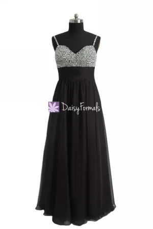 Long Beaded Party Dress Feminine Prom Dress Black Formal Dress w/ Sweetheart Bodice (PR29034L)