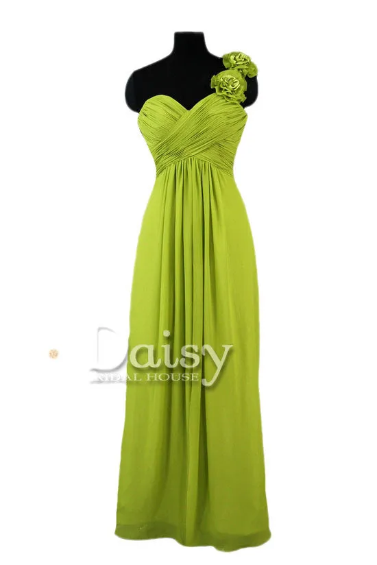 Long Bright Olive Chiffon Dress One Shoulder Evening Dress W/Fabric Flowers(BM346)