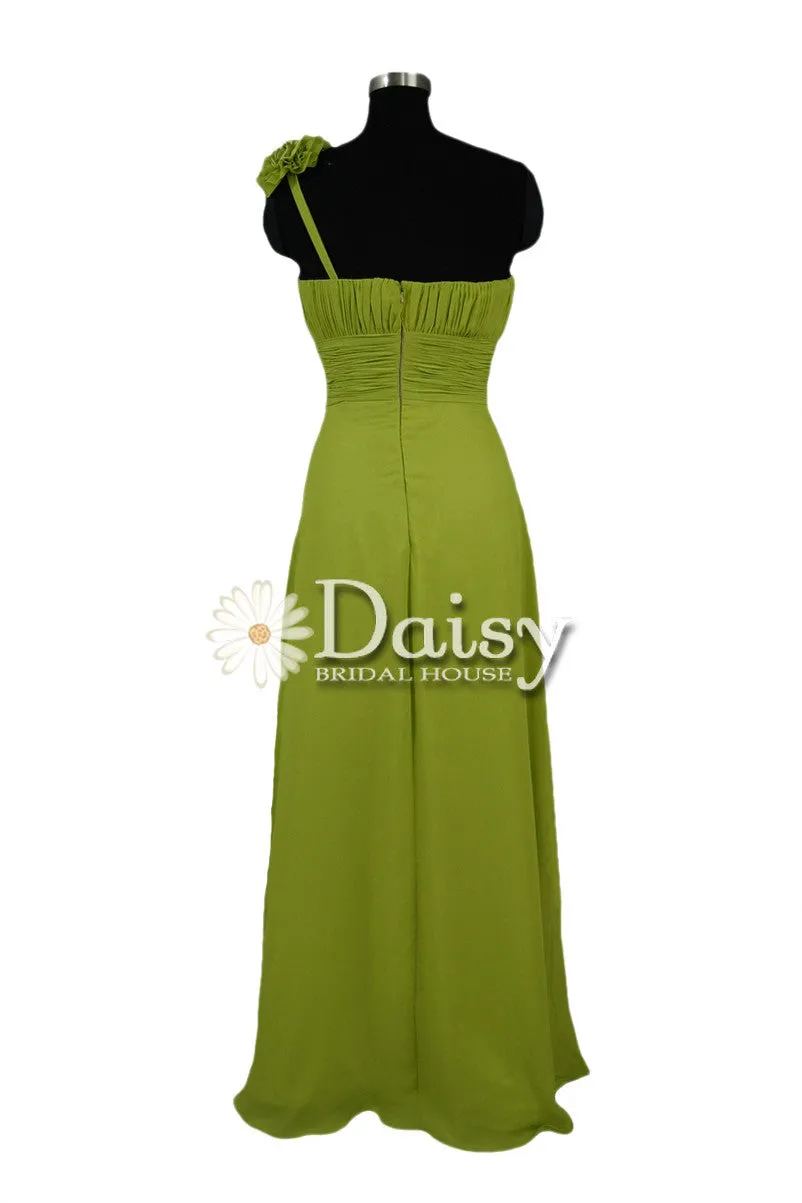 Long Bright Olive Chiffon Dress One Shoulder Evening Dress W/Fabric Flowers(BM346)