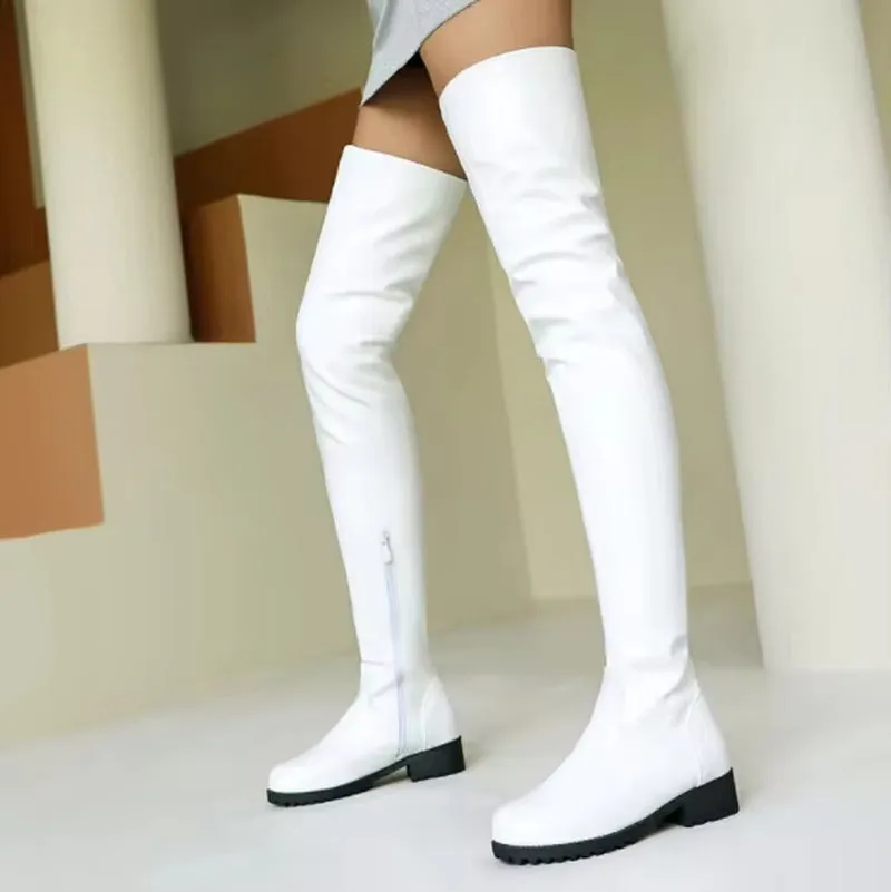 Low Heels White over the Knee Boots Big Size 34-47 Women'S Long Boots with Side Zip Girl Comfortable Shoes