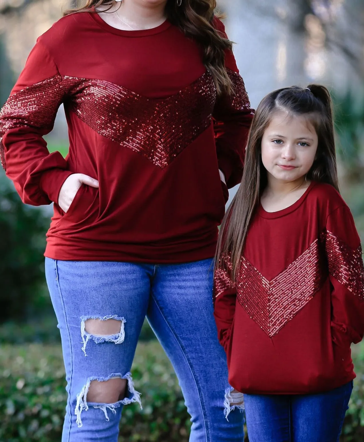 Mommy & Me Matching Sequin Stitching Long-Sleeve Top
