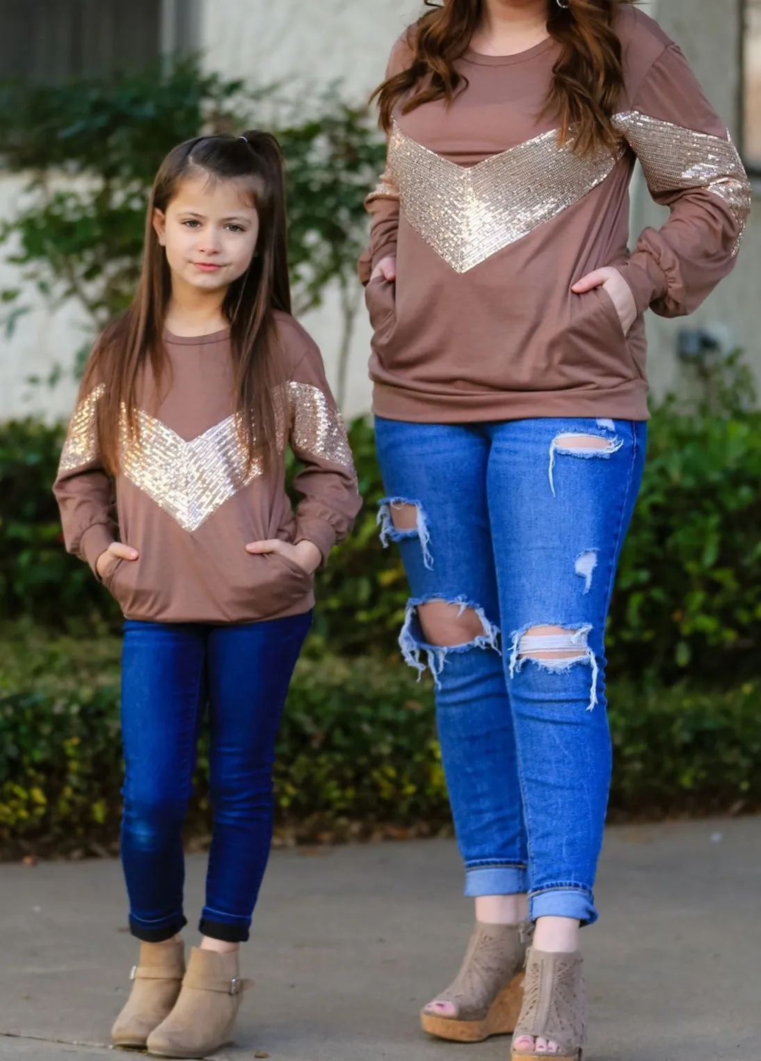 Mommy & Me Matching Sequin Stitching Long-Sleeve Top