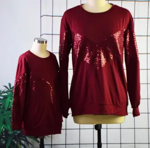 Mommy & Me Matching Sequin Stitching Long-Sleeve Top