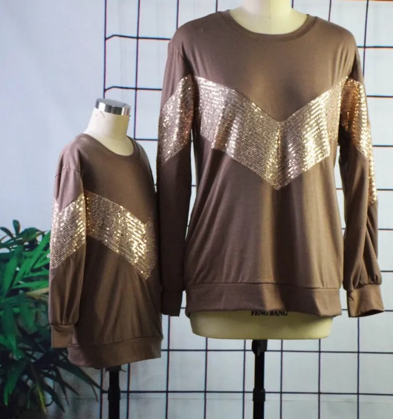 Mommy & Me Matching Sequin Stitching Long-Sleeve Top