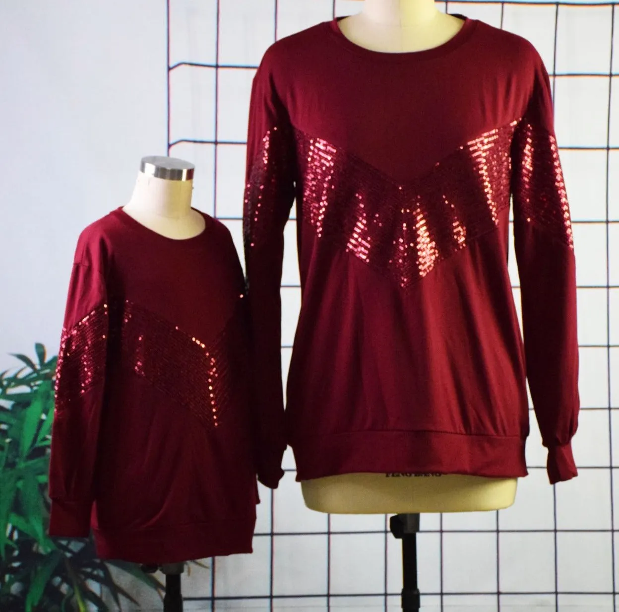 Mommy & Me Matching Sequin Stitching Long-Sleeve Top