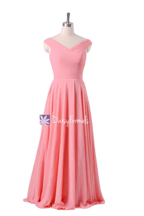 Off-Shoulder Bridesmaids Dress Long Light Coral Party Dress Sexy Evening Dress w/V Neckline (BM7888)