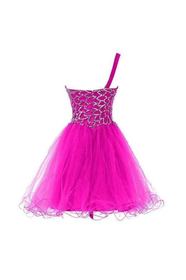 One Shoulder Tulle Homecoming Dresses Short Prom Dresses With Beading PG073