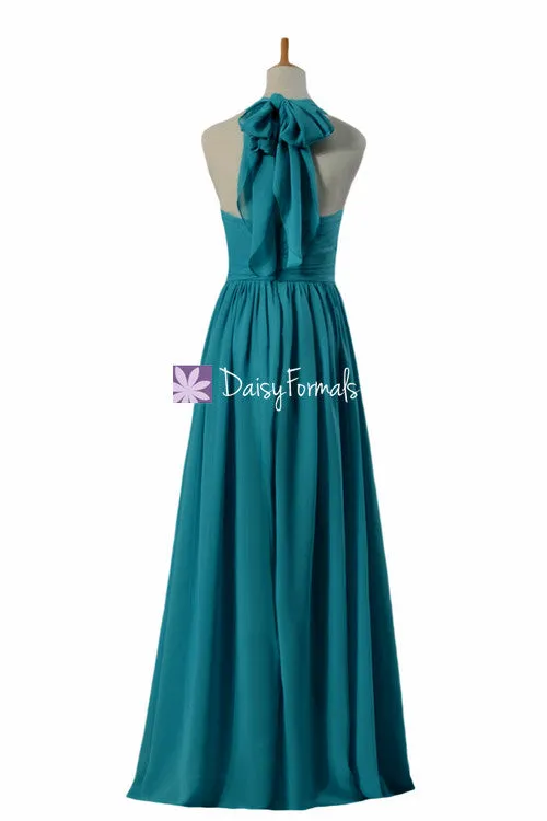 Rich Teal Chiffon Bridesmaids Dress Long Teal Halter Neckline Party Dress Formal Dress(BM4755)