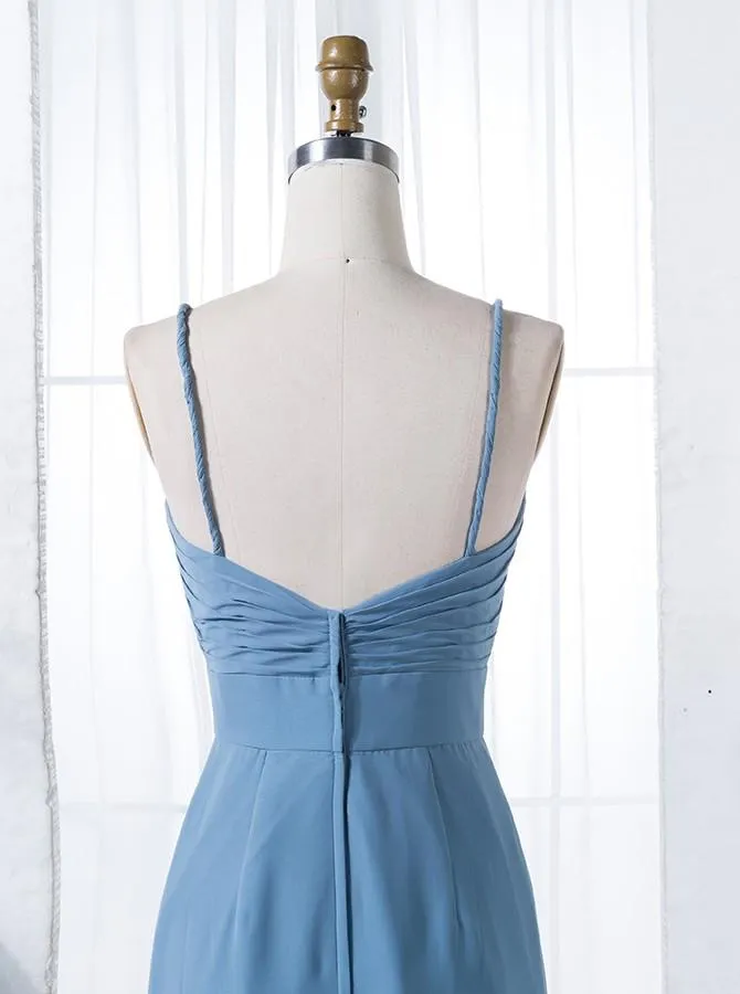 Sheath V-Neck Floor Length Blue Chiffon Bridesmaid Dress (BMA207L)
