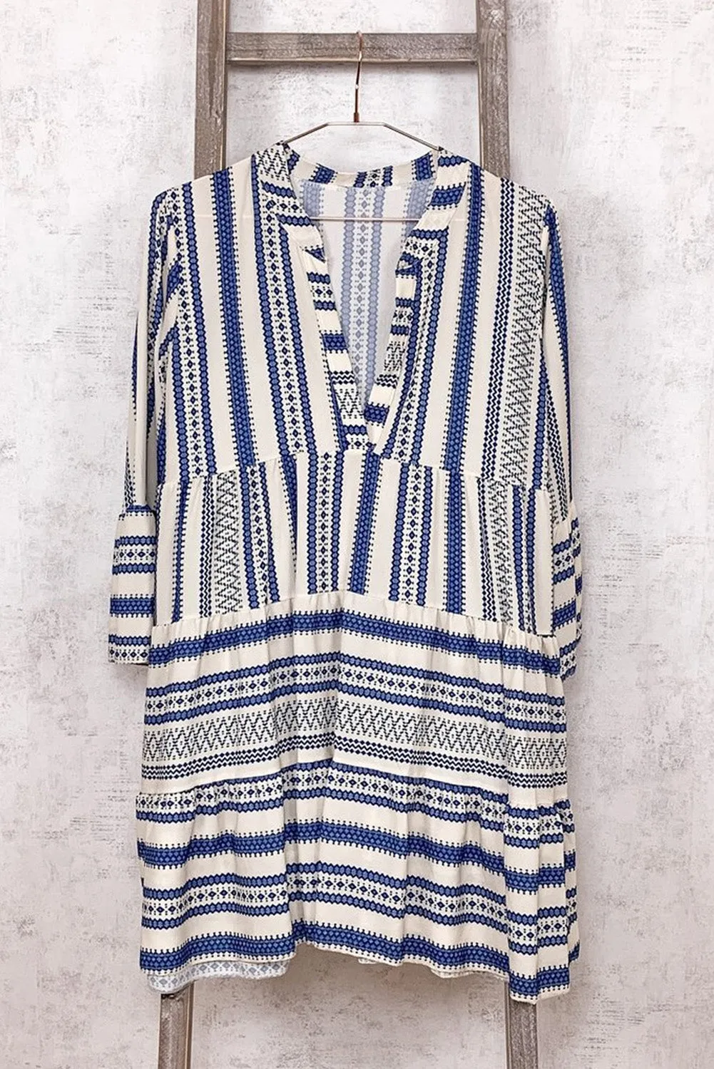 Sky Blue Geometric Print V neck Ruffle Swing Mini Dress
