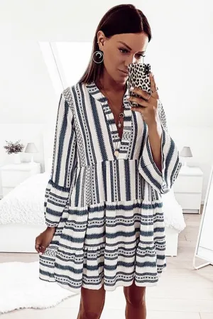 Sky Blue Geometric Print V neck Ruffle Swing Mini Dress