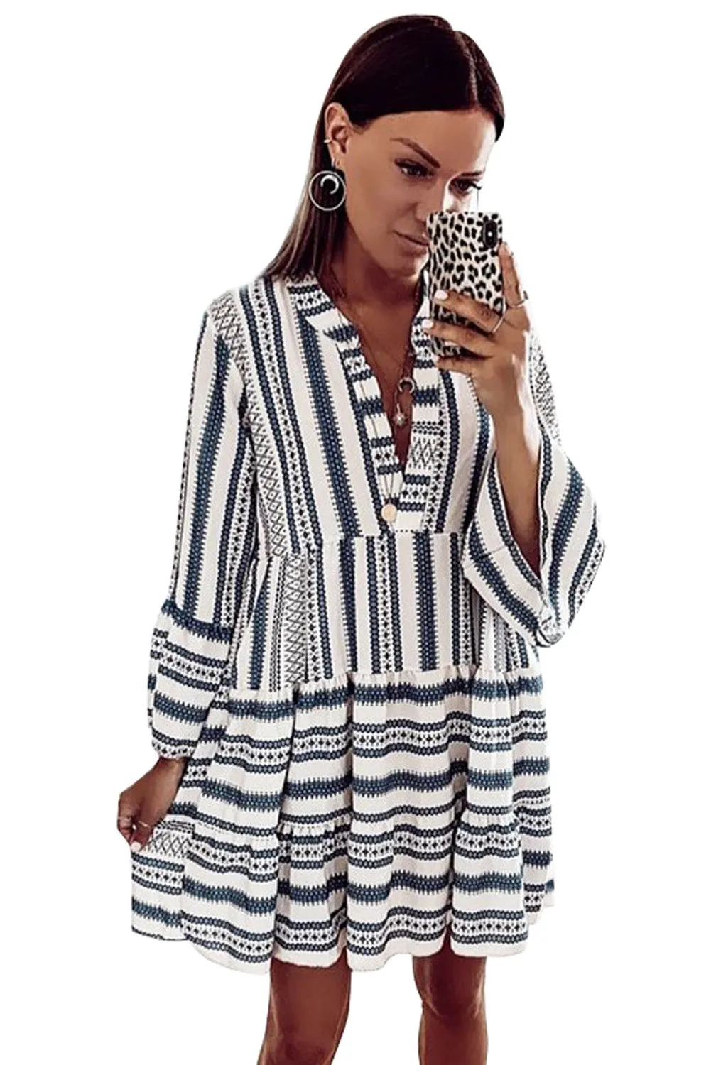 Sky Blue Geometric Print V neck Ruffle Swing Mini Dress