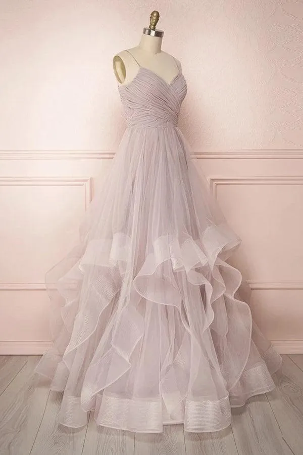 Straps Pleated Floor Length Tulle Prom Dress Long Evening Dress TP1056