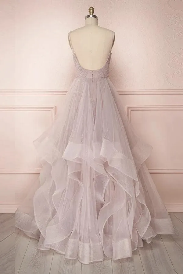 Straps Pleated Floor Length Tulle Prom Dress Long Evening Dress TP1056