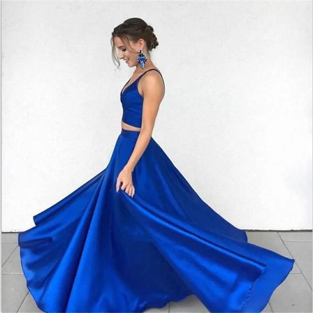 Two Piece Deep V-Neck  Royal Blue Satin Prom Dress Evening Dress  PG486