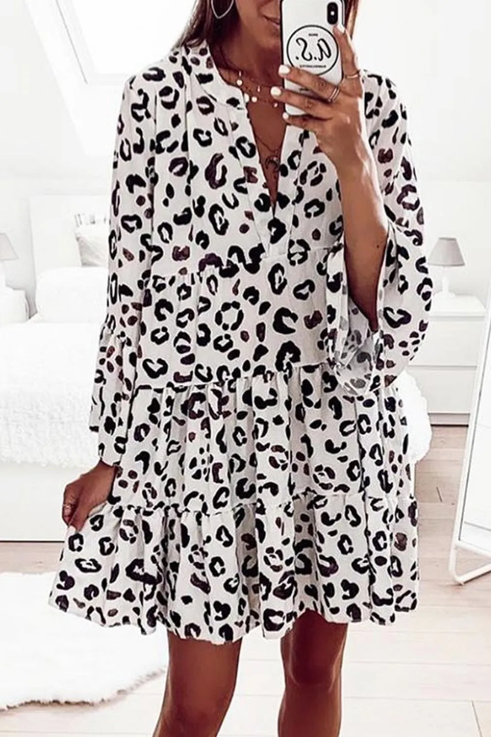 White Leopard Print V neck Ruffle Swing Mini Dress