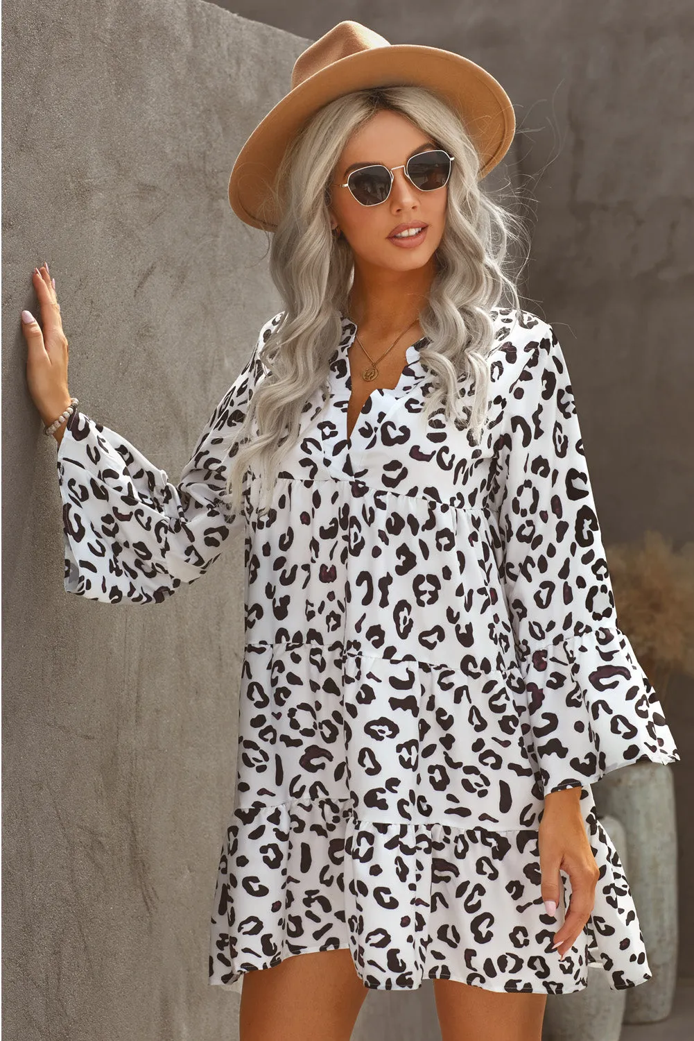 White Leopard Print V neck Ruffle Swing Mini Dress