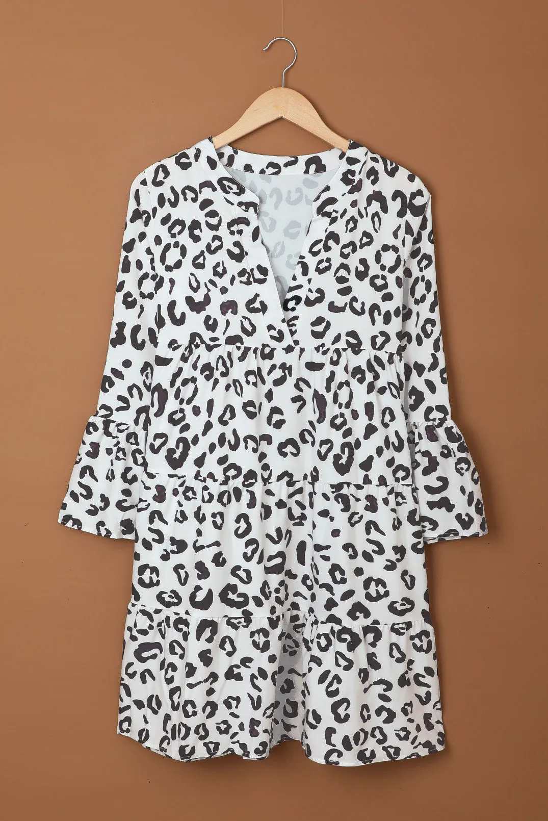 White Leopard Print V neck Ruffle Swing Mini Dress