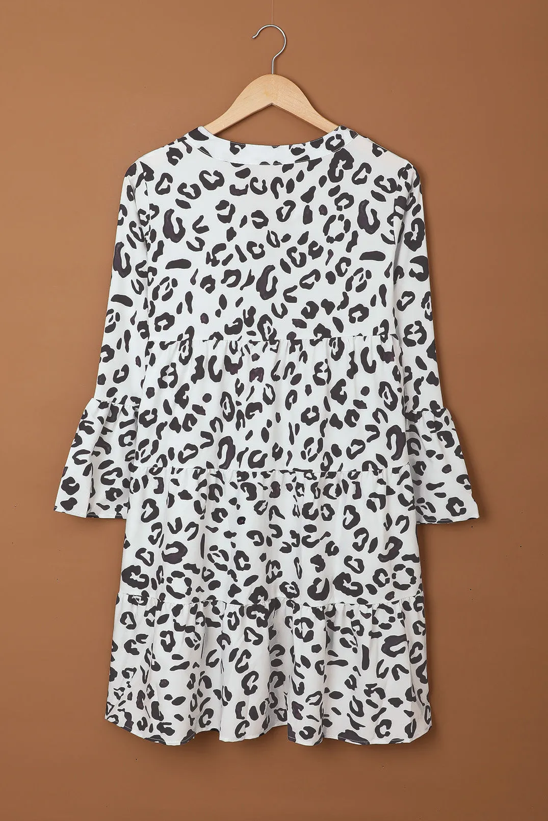 White Leopard Print V neck Ruffle Swing Mini Dress