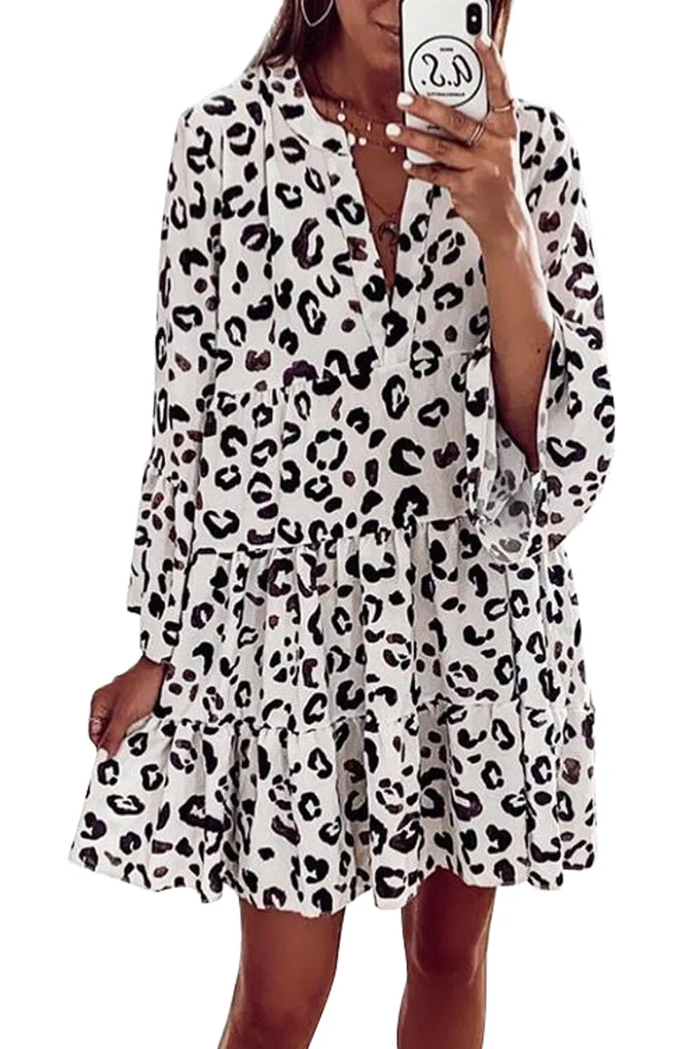White Leopard Print V neck Ruffle Swing Mini Dress